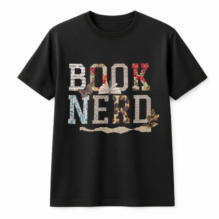 Book Nerd T-Shirt | Retro Collage & Floral Letters | Premium Cotton | Gift for Book Lovers, Readers & Librarians