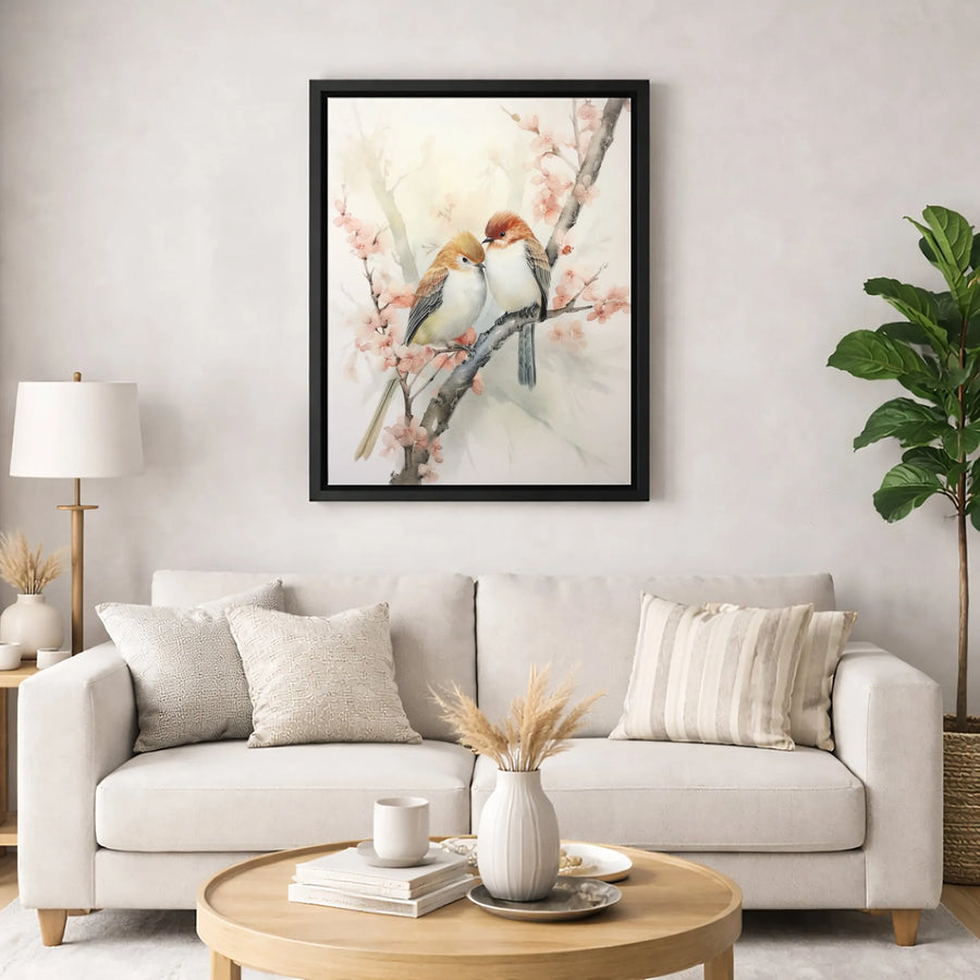 Watercolor Love Birds Canvas Wall Art | Cherry Blossom Branch Print | Premium Gallery-Wrapped 1.25" Profile | Romantic Home Decor Gift