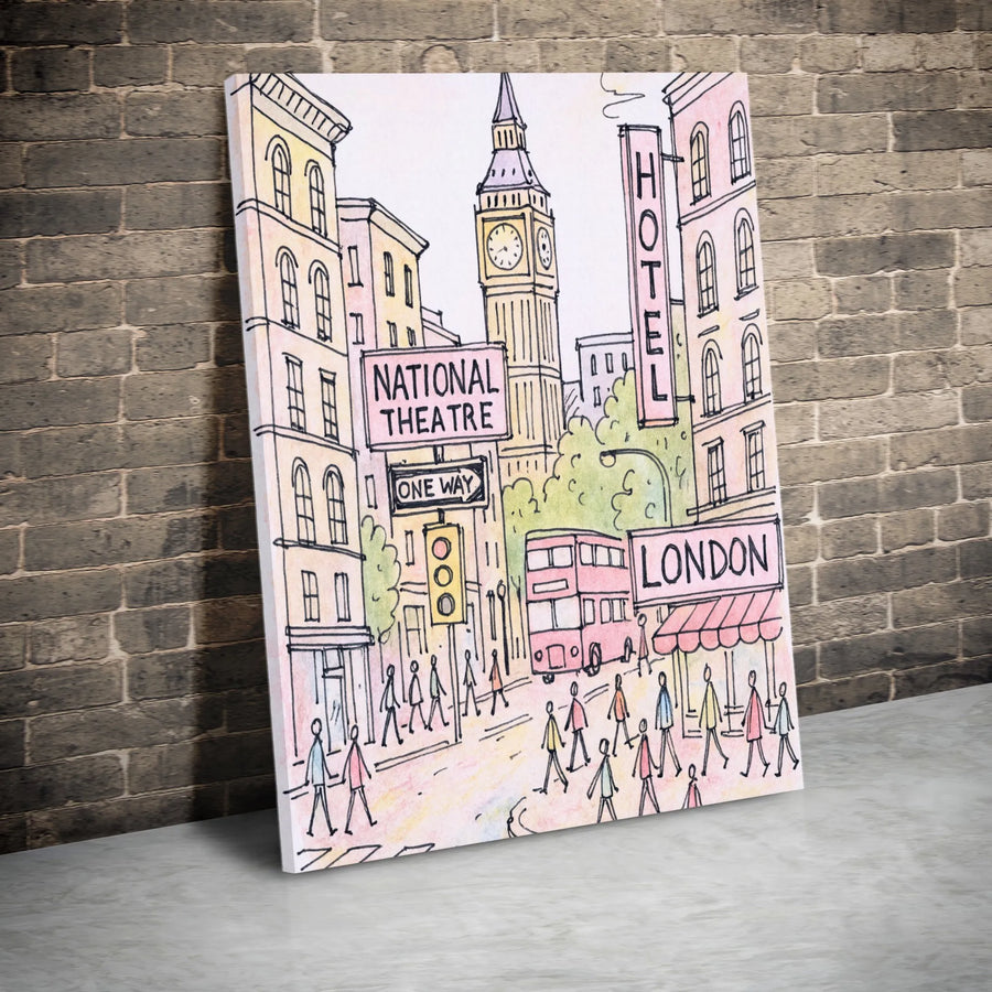 London Cityscape Canvas Art | Watercolor Sketch Print of Big Ben & Red Bus | Premium 1.25-Inch Gallery Wrap | Travel Enthusiast Home Decor Gift