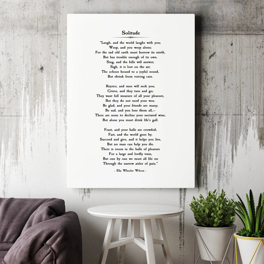 Solitude Poem Wall Art | Ella Wheeler Wilcox Quote | Premium Gallery Wrapped Canvas Print | Minimalist Literary Gift for Book Lovers