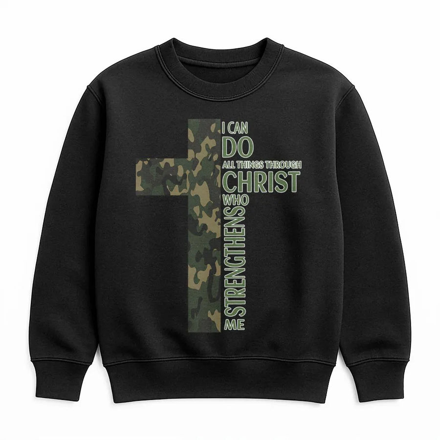 I Can Do All Things Through Christ Sweatshirt | Camo Cross Bible Verse | Premium Cotton Blend | Inspirational Religious Gift for Men and Women