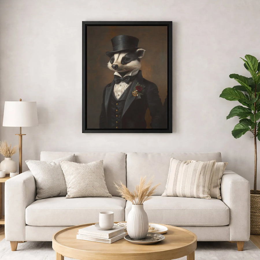 Gentleman Badger Canvas Print | Victorian Animal Portrait in Top Hat and Tuxedo | 1.25-Inch Gallery Wrapped Wall Art | Unique Home Decor Gift