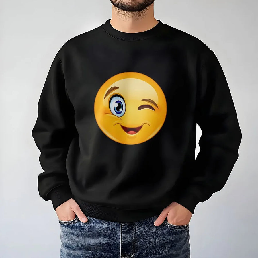 Winking Smiley Face Sweatshirt | Retro Happy Emoji Aesthetic Pullover | Premium Cotton Blend | Gift For Him And Her