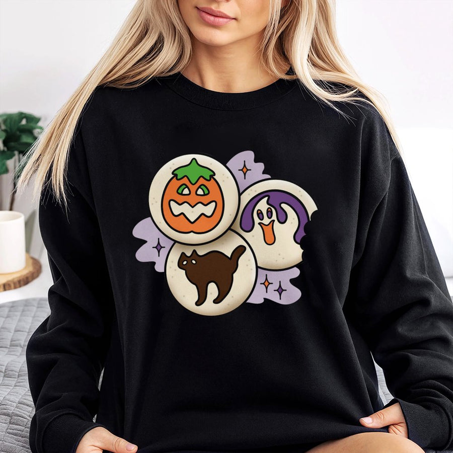 Halloween Cookie Sweatshirt | Cute Pumpkin Ghost Black Cat Graphic | Premium Cotton Blend | Spooky Season Gift For Women