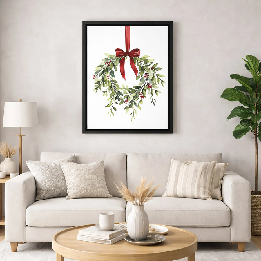 Watercolor Christmas Wreath Canvas Art | Festive Red Bow And Holly Berries | Gallery-Quality 1.25-Inch Profile | Holiday Wall Decor Gift
