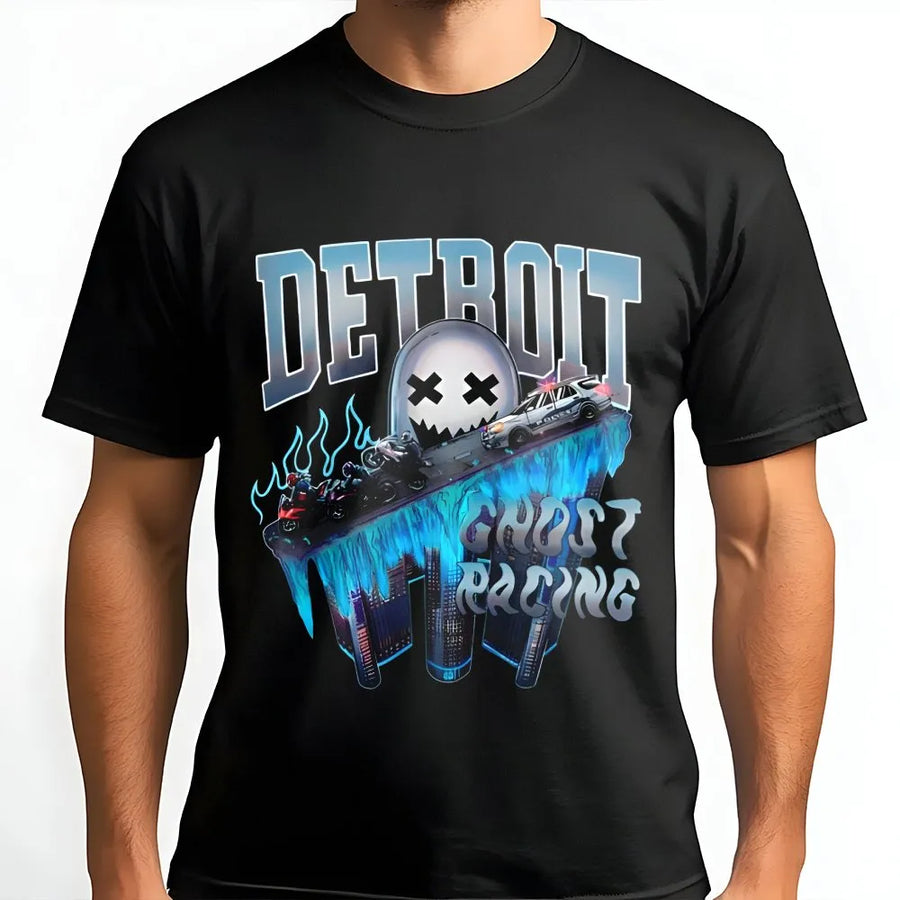 Detroit Ghost Racing T-Shirt | Edgy Streetwear Motorcycle Graphic | Premium Cotton Street Style | Gift For Biker Street Racing Enthusiast