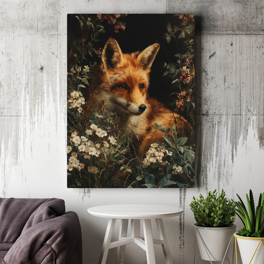 Vintage Fox Portrait Canvas Art | Red Fox in Wildflowers Painting | Premium Gallery Wrap | Cottagecore Home Decor Gift for Nature Lover