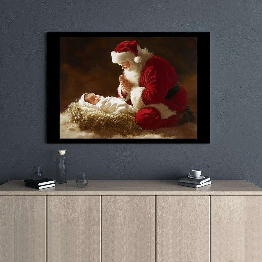 Santa Kneeling At Manger Canvas | Religious Christmas Wall Art | Premium Gallery Wrap Decor | Meaningful Nativity Gift for Home