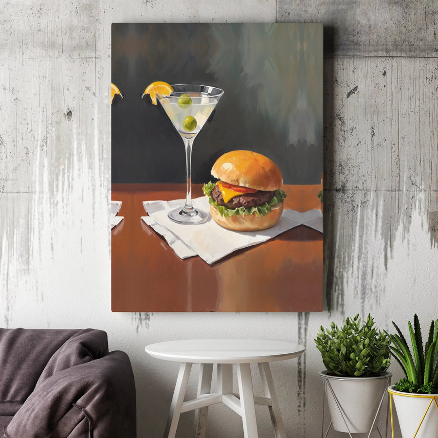 Cheeseburger and Martini Still Life Canvas Art | Mid-Century Modern Bar Decor | Premium Gallery Wrap Print | Kitchen and Dining Room Wall Decor