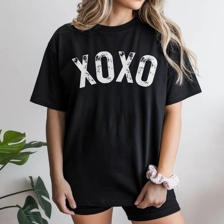 XOXO Valentine T-Shirt | Distressed Typography Graphic Tee | Premium Soft Cotton | Romantic Gift for Her or Galentine’s Day Party
