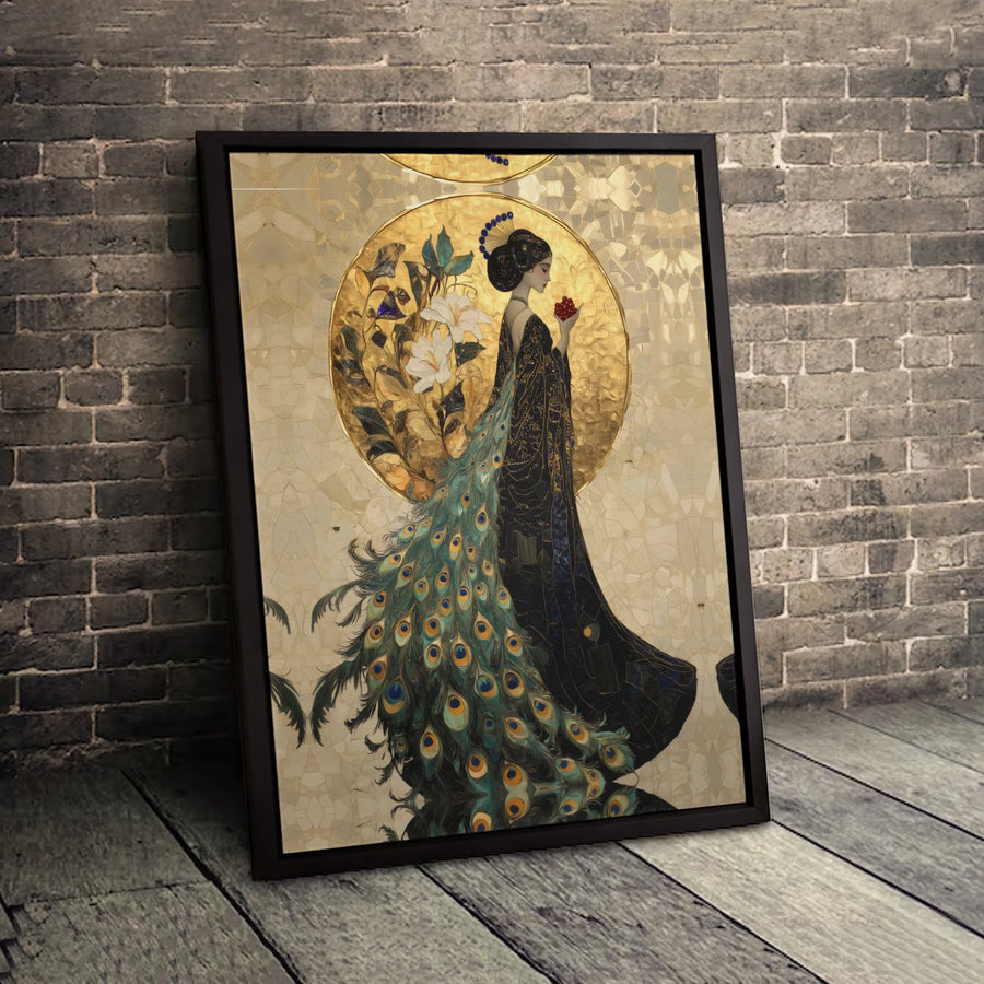 Art Nouveau Woman With Peacock Dress Canvas | Gold Halo Floral Wall Art | Gallery-Quality 1.25-Inch Profile | Premium Home Decor Gift