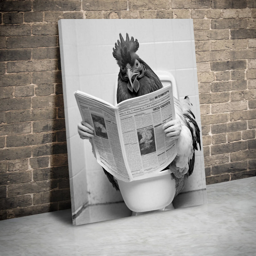 Funny Rooster Reading Newspaper Canvas | Quirky Bathroom Wall Art | Premium Gallery Wrapped Print | Humorous Farmhouse Decor Gift