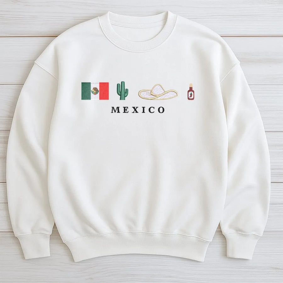Mexico Flag Sweatshirt | Cultural Cactus Sombrero Print | Premium Cotton Blend Crewneck | Mexican Heritage Gift For Her Him