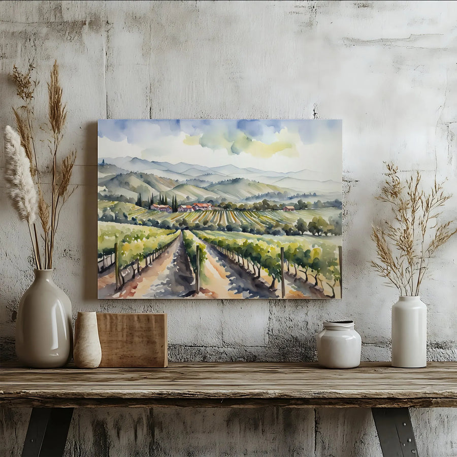 Tuscan Vineyard Canvas Wall Art | Watercolor Italian Countryside Painting | Thick Gallery Wrap Canvas | Farmhouse Kitchen Decor Gift