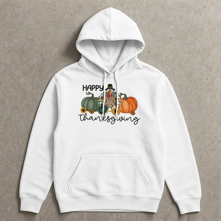 Happy Thanksgiving Hoodie | Cute Turkey and Pumpkin Graphic | Premium Cotton Blend Pullover | Festive Fall Gift for Her
