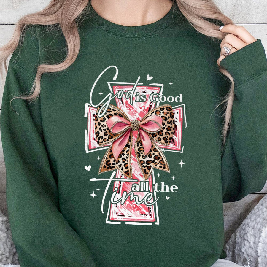 God Is Good All The Time Sweatshirt | Watercolor Cross With Leopard Bow Graphic | Premium Cotton Blend | Christian Faith Gift For Women