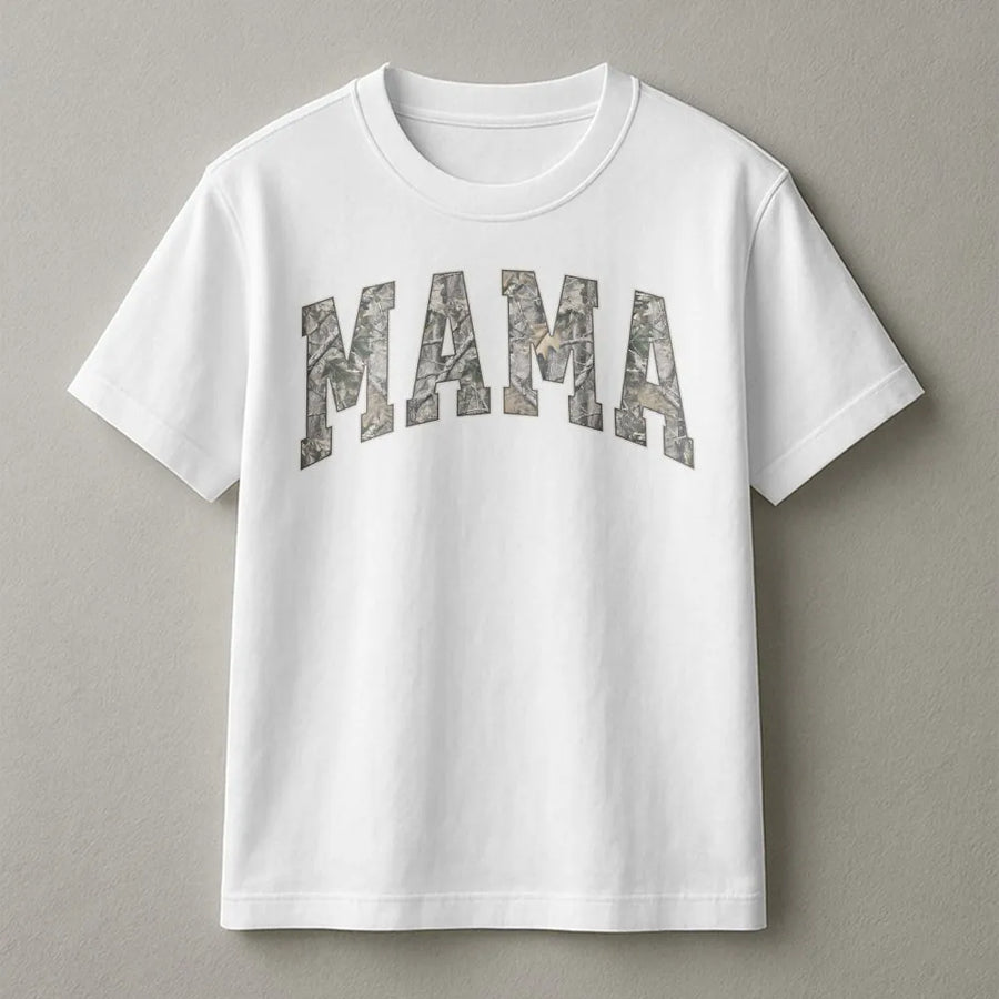 Camo Mama T-Shirt | Hunting Camouflage Varsity Lettering | Premium Soft Cotton Tee | Gift for Outdoorsy Mom, Mother's Day Present