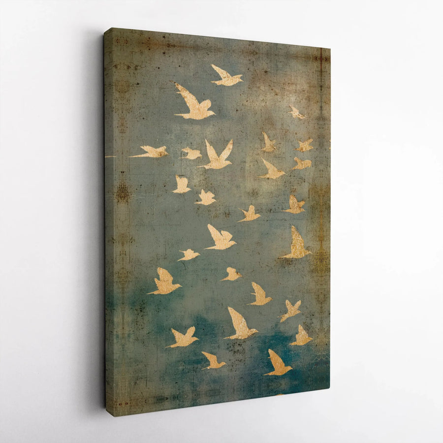 Golden Birds Wall Art | Abstract Flock Flight Print | 1.25 Inch Premium Gallery Canvas | Nature Inspired Living Room Home Decor