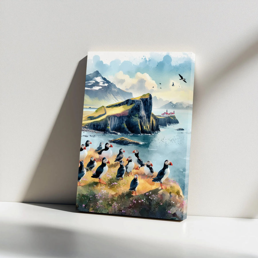 Puffin Canvas Wall Art | Watercolor Coastal Bird Painting | Premium Gallery Wrapped Canvas | Modern Coastal Home Decor Gift for Nature Lover