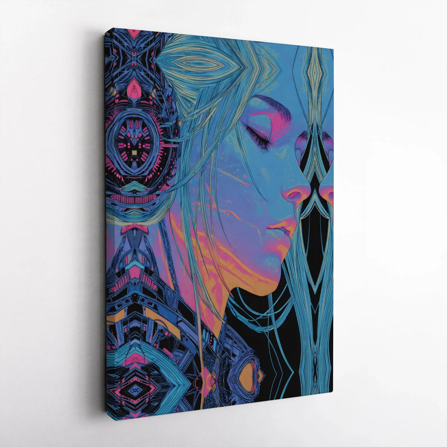Futuristic Neon Woman Canvas Print | Abstract Cyberpunk Wall Art | Premium Gallery Wrap Decor | Modern Digital Art Gift for Home or Office