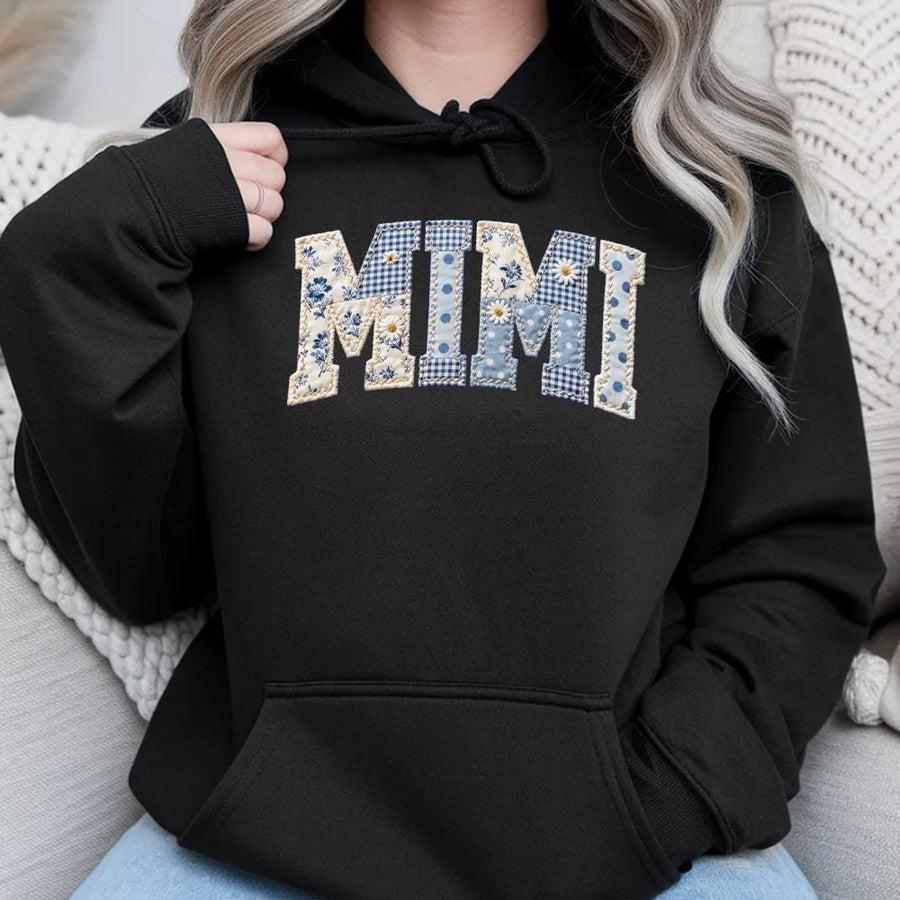 Mimi Hoodie Sweatshirt | Blue Floral Patchwork Print Letters | Cozy Cotton Blend Pullover | Mothers Day Gift for Grandma, New Mimi Gift