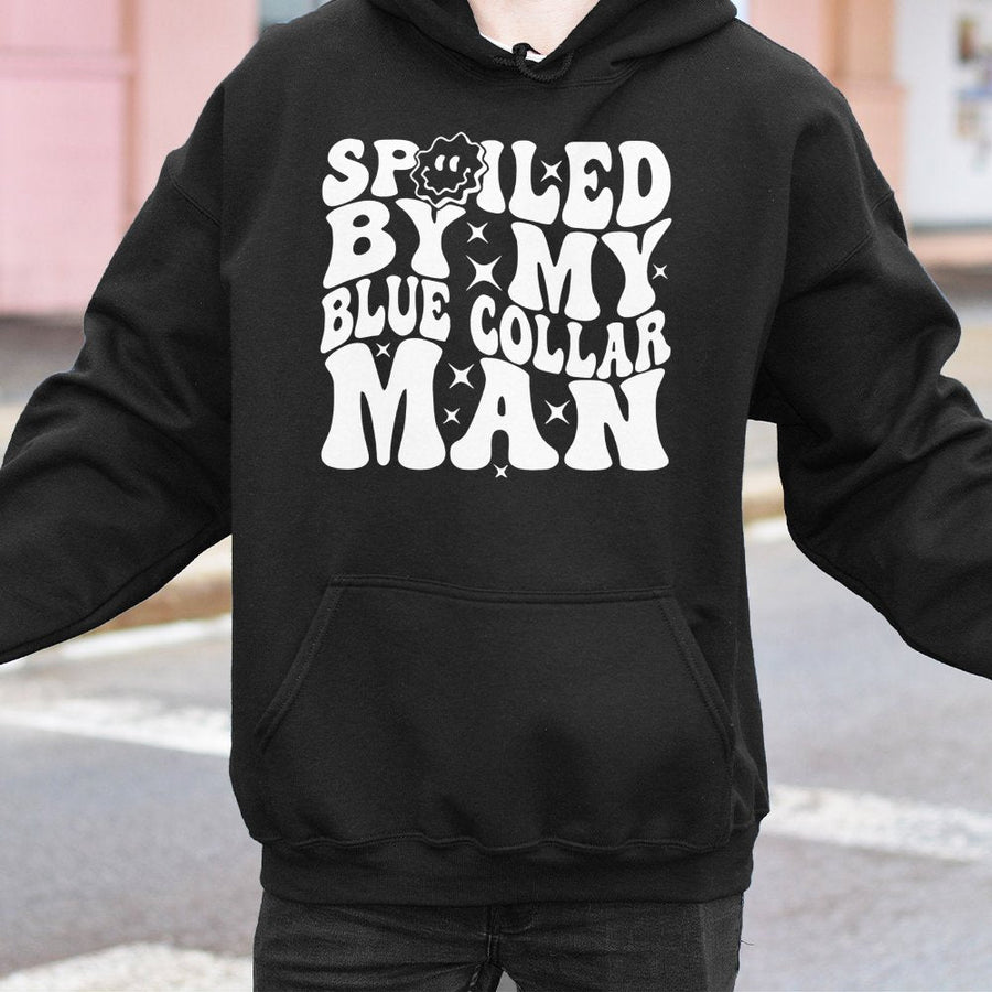 Spoiled By My Blue Collar Man Hoodie | Trendy Retro Wavy Text Graphic | Premium Cotton Blend | Gift For Girlfriend Or Wife