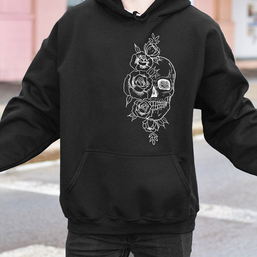 Skull and Roses Hoodie | Gothic Floral Graphic Sweatshirt | Premium Cotton Blend Pullover | Edgy Aesthetic Gift for Women and Men