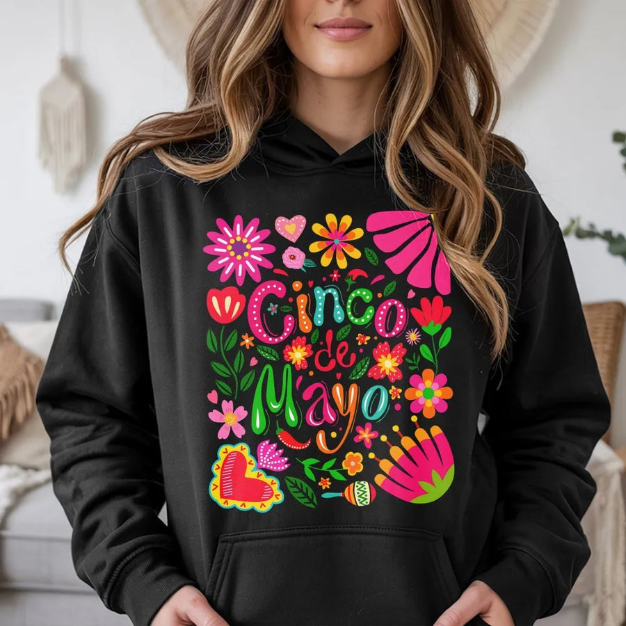 Cinco De Mayo Hoodie | Colorful Mexican Folk Art Graphic | Premium Cotton-Blend Sweatshirt | Unisex Fiesta Party Gift