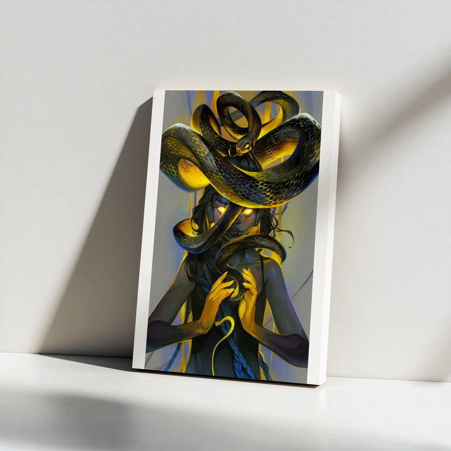 Serpent Goddess Vertical Canvas | Mythical Woman with Glowing Eyes | Premium Thick Gallery Wrap | Collector's Dark Fantasy Wall Art Gift