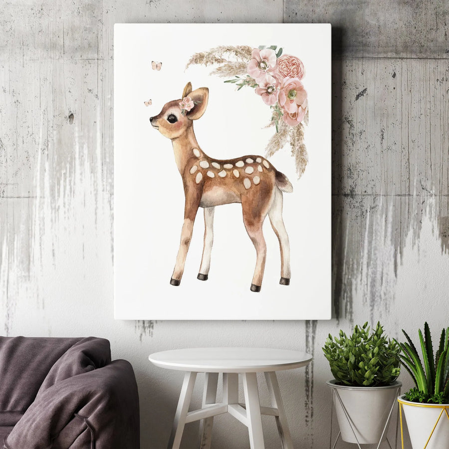Boho Baby Deer Canvas Print | Watercolor Fawn with Pink Floral Decor | Premium Fade-Resistant Wall Art | Nursery & Kids Room Decor