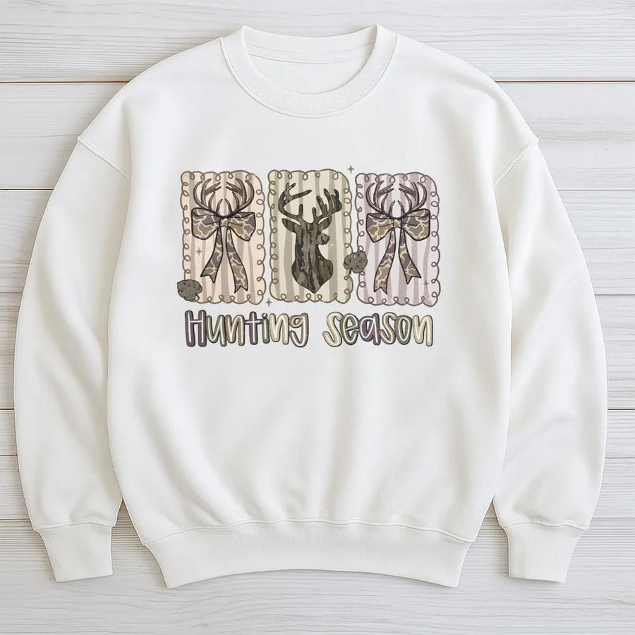 Hunting Season Sweatshirt | Cute Deer Bow Camo Graphic | Premium Cotton Blend Crewneck | Rustic Country Fall Gift for Women