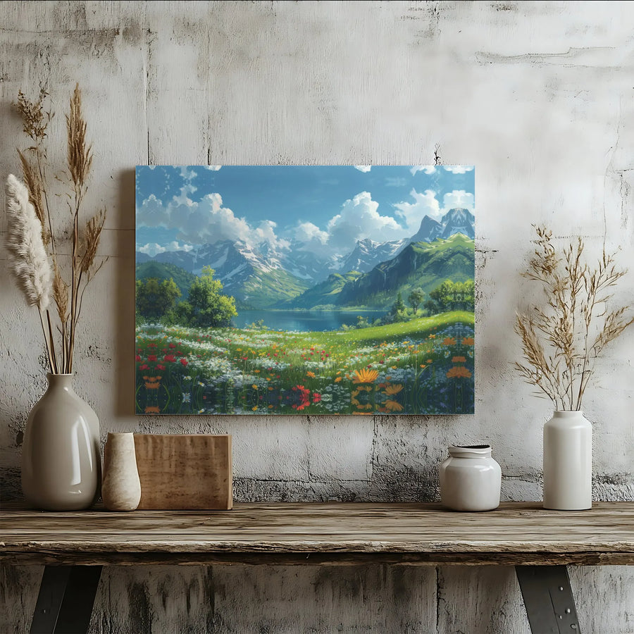 Mountain Lake Canvas Wall Art | Anime Style Wildflower Meadow Landscape | Premium Gallery Wrap 1.25" Depth | Nature Lover Home Decor Gift