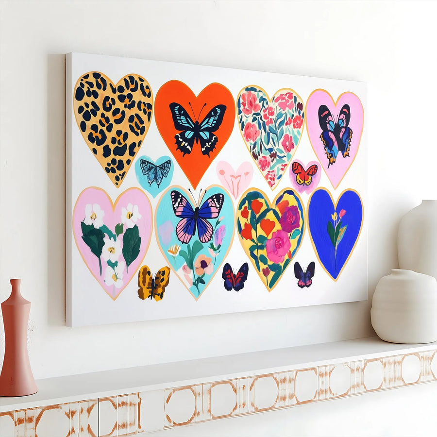 Colorful Heart Canvas Wall Art | Butterfly and Floral Aesthetic Print | Premium 1.25-inch Gallery Wrap | Vibrant Modern Home Decor Gift
