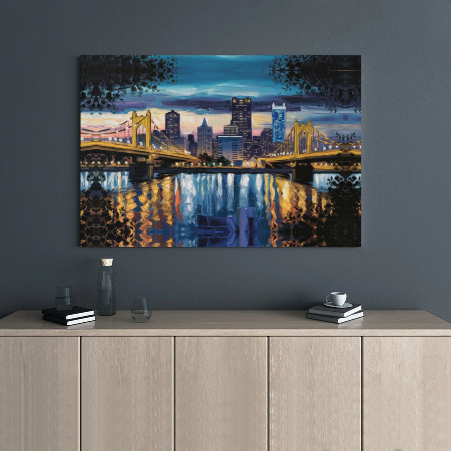 Pittsburgh Skyline Canvas Print | Impressionist Yellow Bridge River Reflection | Gallery Wrap Premium Wall Art | Modern Home & Office Decor Gift