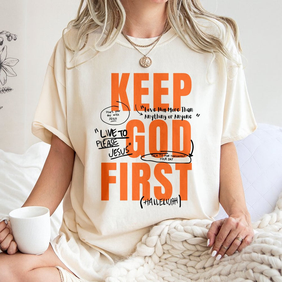 Keep God First T-Shirt | Christian Faith Typography Design | Premium 100% Cotton Tee | Inspirational Religious Gift for Men and Women