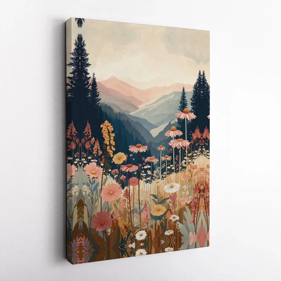 Wildflower Meadow Canvas Print | Mountain Landscape Wall Art | Gallery Wrapped Premium Decor | Boho Floral Nature Scenery for Home Office Gift