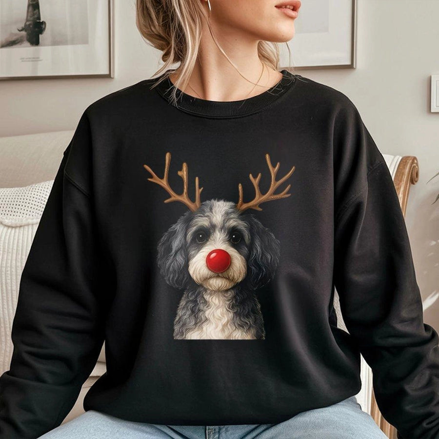 Christmas Reindeer Dog Sweatshirt | Cute Doodle with Antlers Graphic | Premium Cotton Blend | Funny Holiday Gift for Dog Lovers