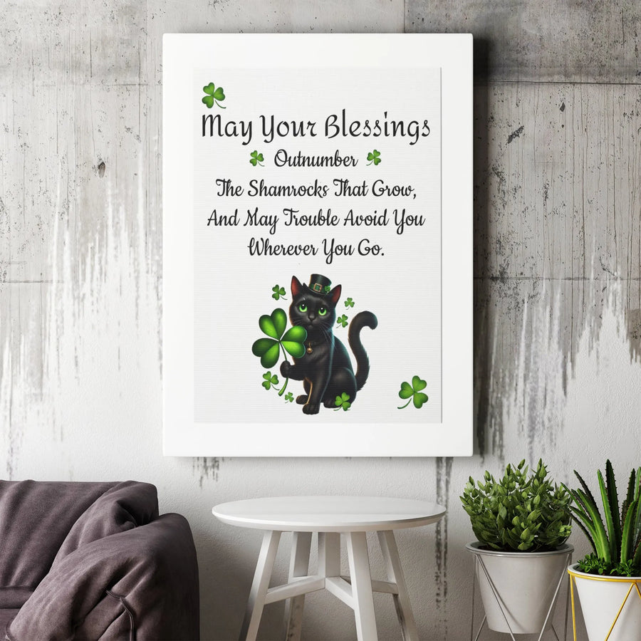 St. Patrick's Day Wall Art | Lucky Black Cat Shamrock Blessing | Premium Canvas Print | Home Decor Gift for Cat Lovers