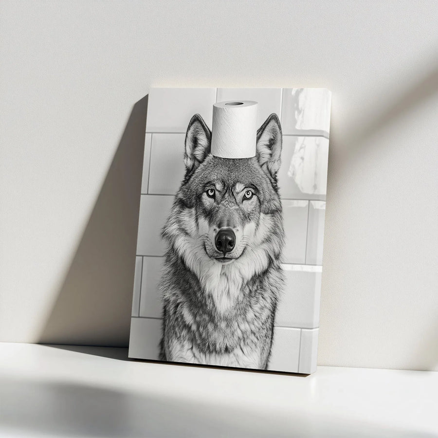 Wolf Bathroom Wall Art | Funny Animal Toilet Paper Head Canvas | Premium Gallery Wrap Print | Whimsical Home Decor Gift