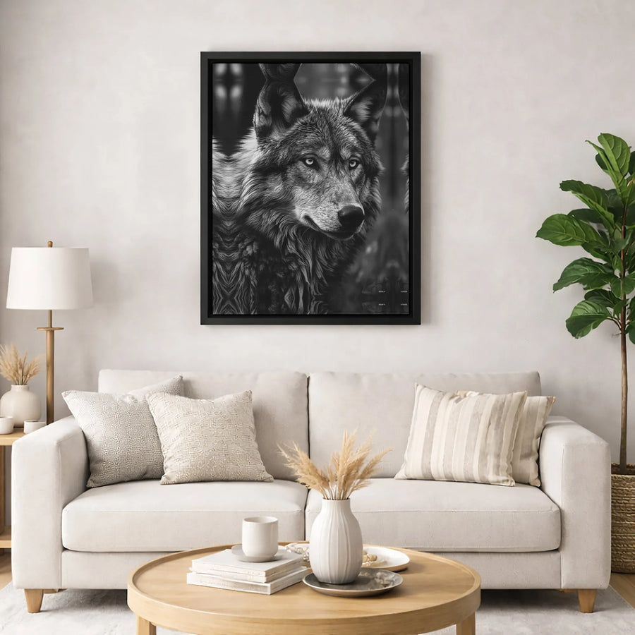 Wolf Wall Art Canvas | Black and White Wildlife Portrait | Premium Gallery Wrapped Print | Modern Nature Decor for Living Room or Office