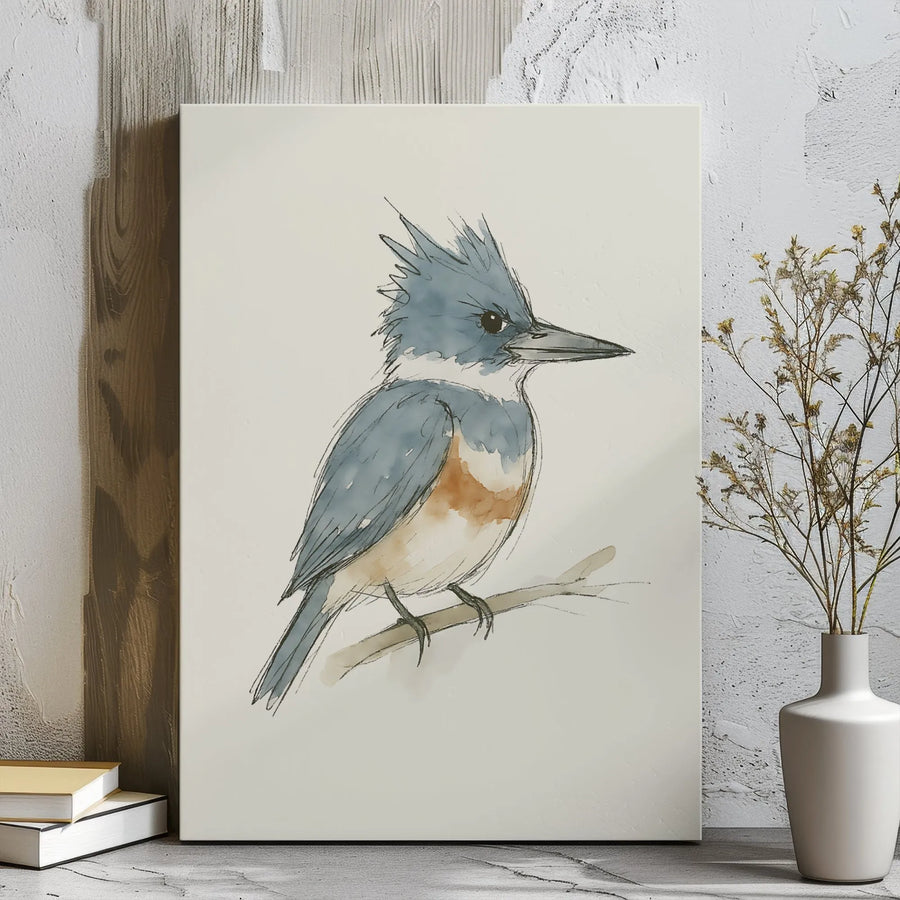 Belted Kingfisher Canvas Art | Watercolor Bird Sketch Wall Decor | Premium 1.25" Gallery Wrap | Nature Lover Gift & Office Decor