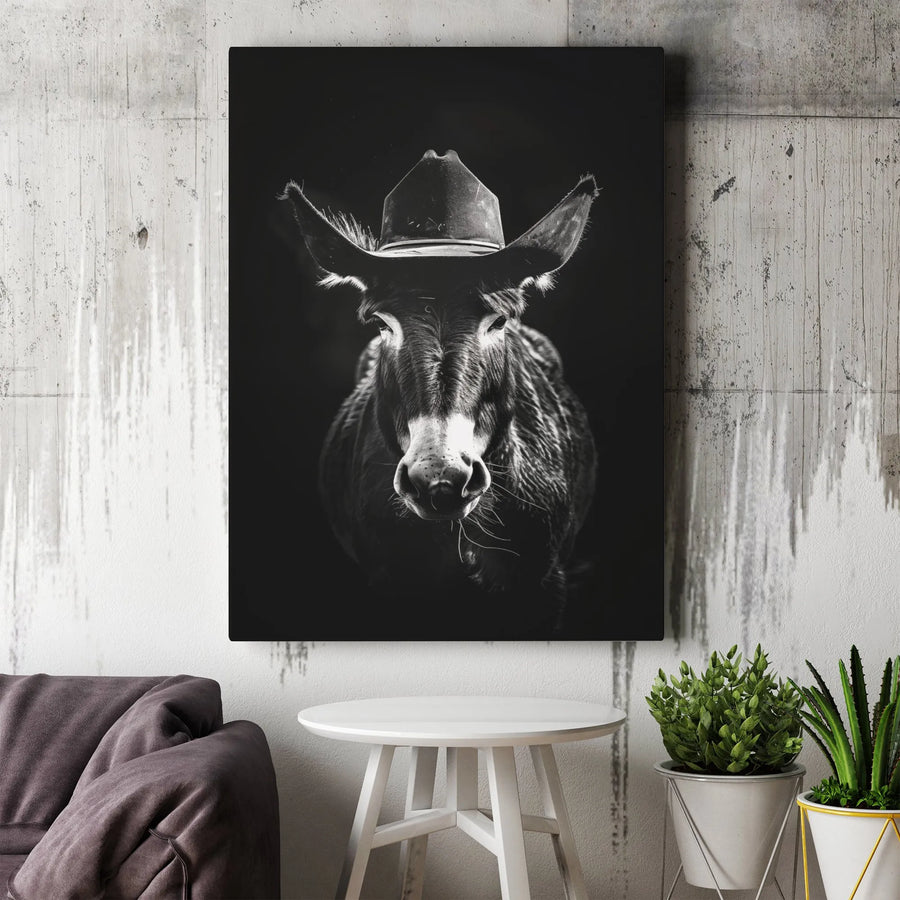 Donkey Cowboy Hat Canvas Wall Art | Western Farmhouse Animal Decor | Premium 1.25 Inch Gallery Wrap | Unique Farm Themed Gift