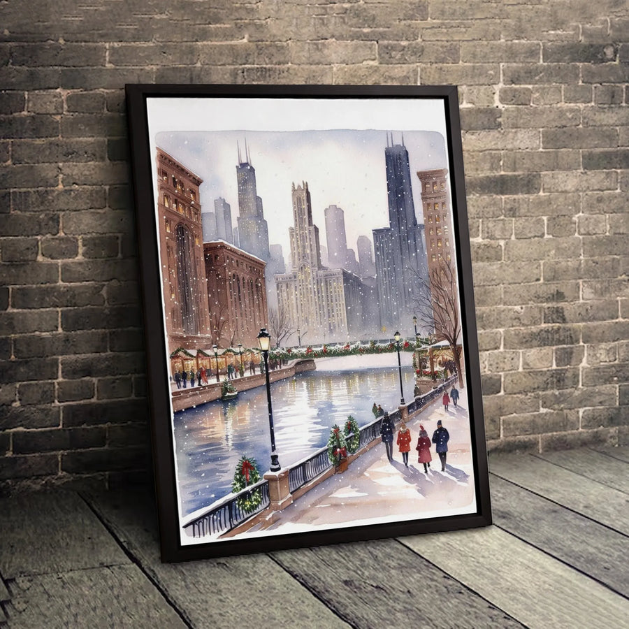 Chicago Riverwalk Wall Art | Winter Christmas Snow Landscape | Premium Gallery Canvas | Holiday Decor Gift for City Lovers