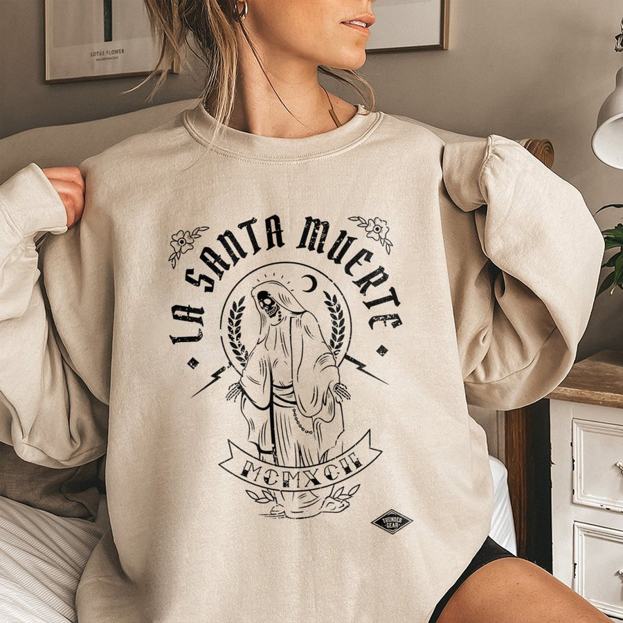 La Santa Muerte Sweatshirt | Occult Skeleton Graphic Crewneck | Premium Cotton-Poly Blend | Edgy Streetwear Gift for Men and Women