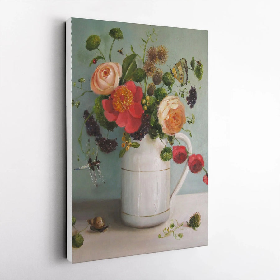 Vintage Floral Canvas Print | Still Life Wildflower Bouquet with Insects | Premium Gallery Wrapped Art | Farmhouse Kitchen Decor Gift