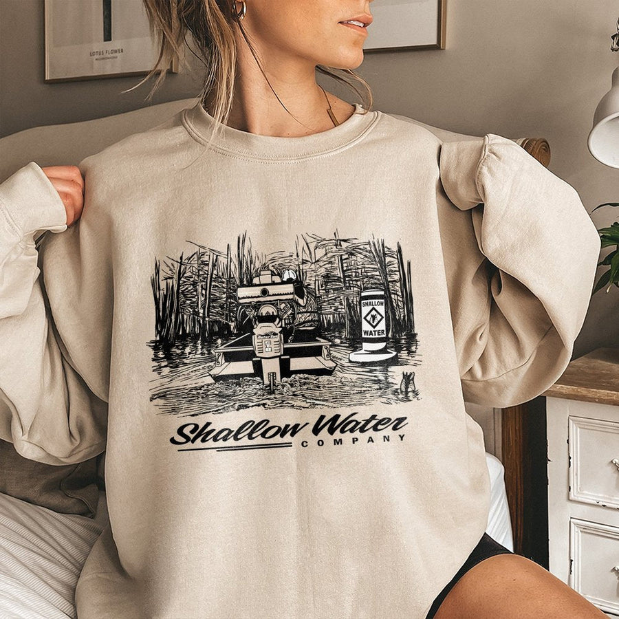 Shallow Water Boat Sweatshirt | Swamp Fishing Graphic Design | Cotton Blend Unisex Crewneck | Outdoor Fisherman Gift for Him