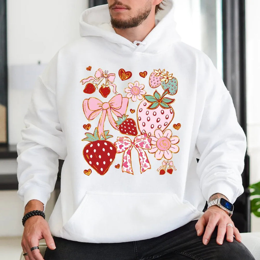 Strawberry Coquette Hoodie | Aesthetic Bow and Floral Graphic | Premium Cotton Blend | Cute Cottagecore Gift for Her