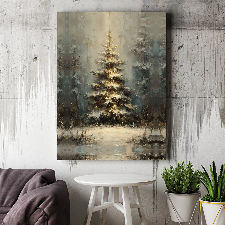 Christmas Tree Canvas Wall Art | Impressionist Winter Forest Snowy Landscape | Premium Gallery Wrapped Print | Holiday Home Decor Gift