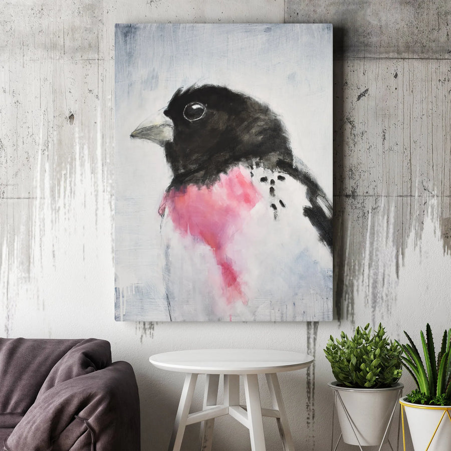 Rose Breasted Grosbeak Vertical Canvas | Abstract Bird Painting Wall Art | Premium 1.25" Thick Gallery Wrap | Collector's Gift for Ornithologist