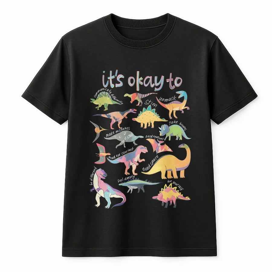 Autism Awareness Dinosaur T-Shirt | It's Okay To Be Different Graphic | Soft Cotton-Poly Blend | Gift for Special Ed Teacher & Autism Mom